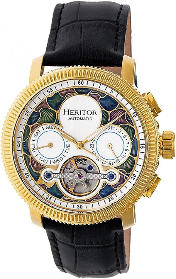 Heritor Automatic Aura Semi-Skeleton Leather-Band Watch HERHR3505 - Gold/White Like New