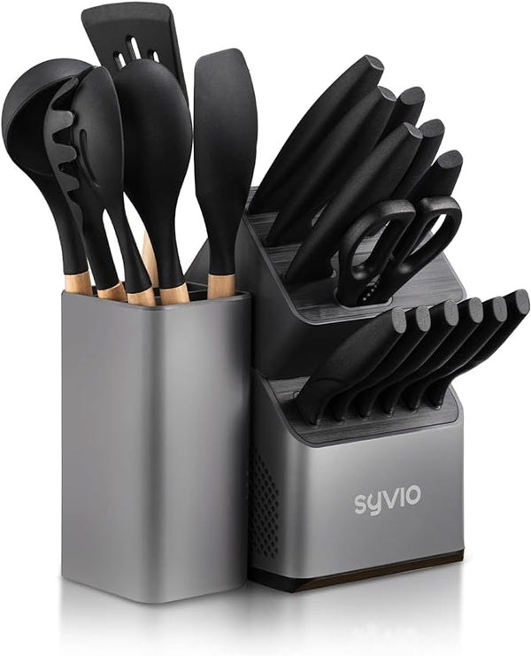 SYVIO Knife Sets with Block 6 PCS Kitchen Utensils Set 21-in-1 YS225 - Gray Like New