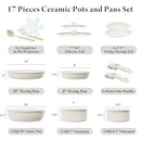BAZOVA BZ101 CERAMIC NONSTICK COOKWARE SET, 17-PIECES, REMOVABLE HANDLES - WHITE - Like New