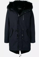 MACKAGE NAVY BLUE 'JUANA' DOWN PARKA WITH BLACK FUR HOOD DETAIL SIZE XS - Like New