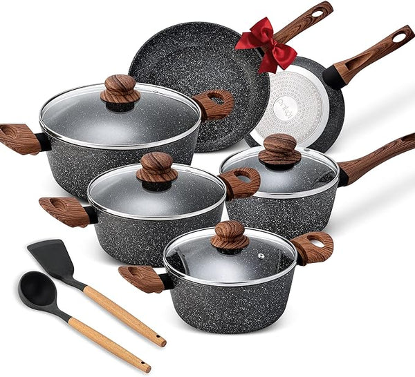 Prikoi Nonstick Cookware Set Kitchen Pots Pans 8 Piece X002L18K8L - Black/White Like New