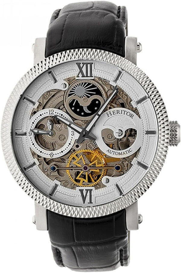 HERITOR Men's 'Aries Skeleton' Stainless Steel and Leather Watch - BLACK LEATHER Like New
