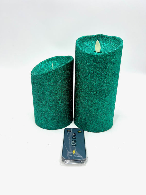 LUMINARA FLAMELESS CANDLE BATTERY POWERED SET OF 2 5"/ 7" WITH REMOTE - GREEN Like New