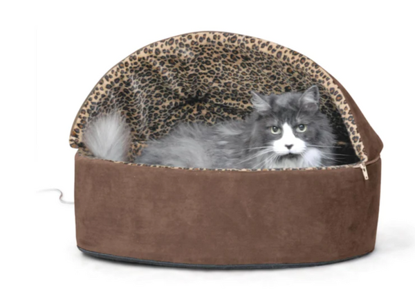 K&H Thermo-Kitty Bed Deluxe Hooded HP40P - Mocha/Leopard Like New