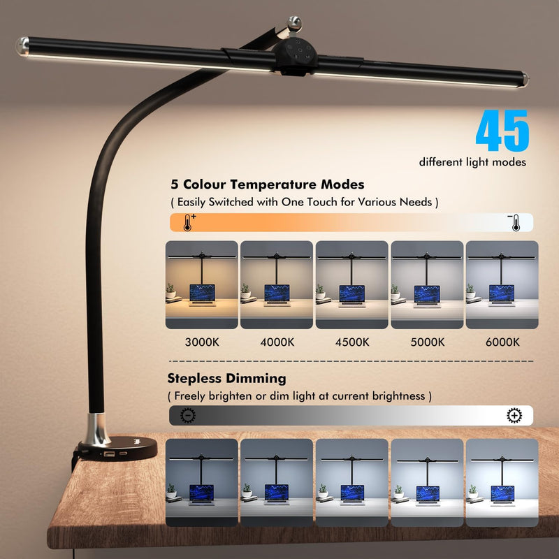 Megainvo LED Desk Lamp w/Clamp, 24W Light, 5 Colors, Timer, MGDL040A - Black Like New