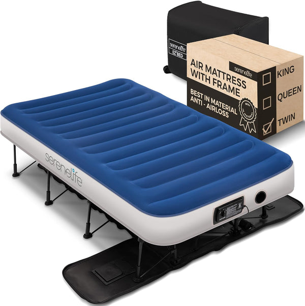 SereneLife EZ Air Mattress Frame & Rolling Case Self-Inflating Twin - BLUE/WHITE Like New