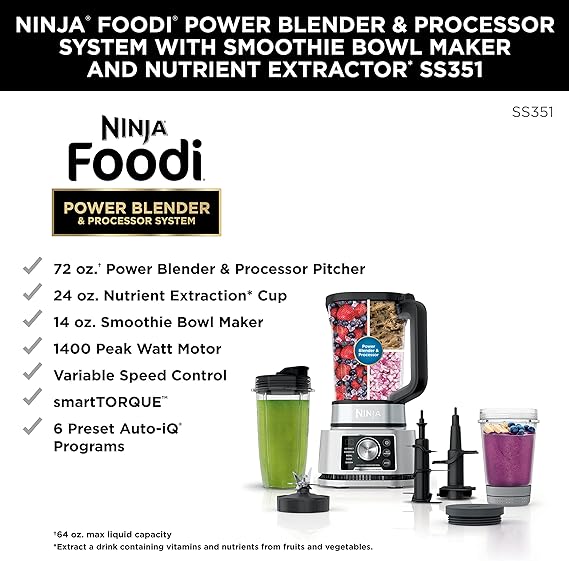 Ninja SS351 Foodi Power Blender Processor System 1400 WP Smoothie Bowl Maker Like New