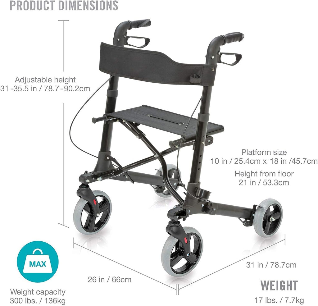 HealthSmart Walker Rollator With Seat And Backrest 501-5012-0200 - Bla –  Retailking.com