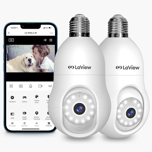 LAVIEW 4MP Bulb Security Camera 2.4GHz,360° 2K Security Cameras 2 Pack- WHITE Like New