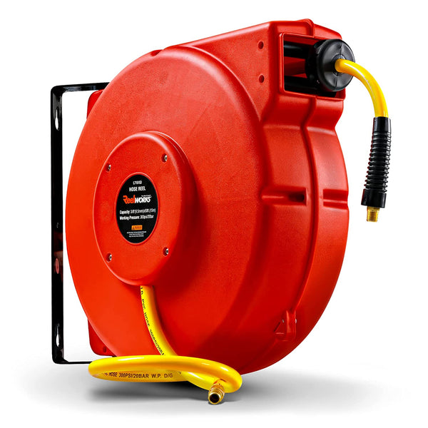 ReelWorks Mountable Retractable Air Hose Reel - 3/8" x 50' Ft, 3' Ft Lead-In