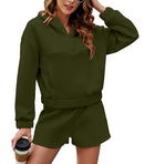Womens 2 Piece Sweatsuit Outfits Half Zip Hoodie Sweat Shorts Pockets Luge Green - Brand New