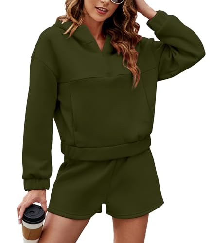 Womens 2 Piece Sweatsuit Outfits Half Zip Hoodie Sweat Shorts Pockets Luge Green - Brand New