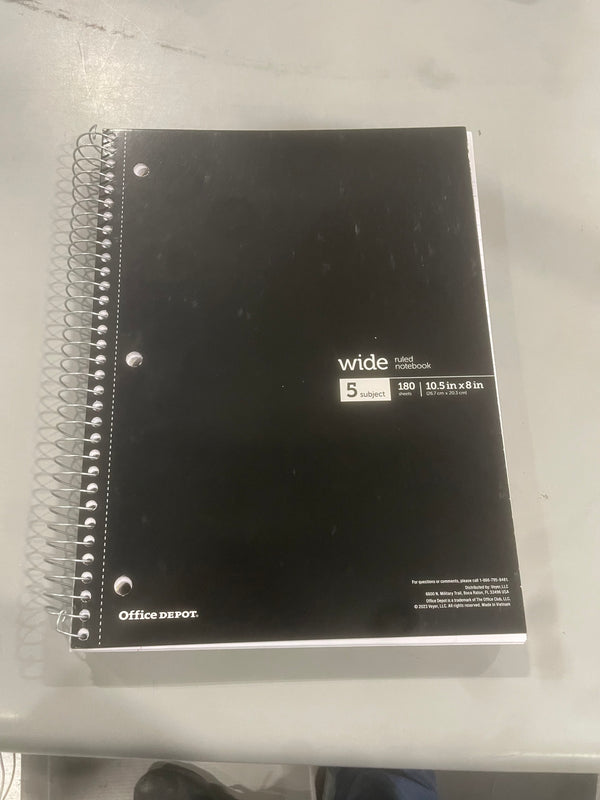 OFFICE DEPOT WIREBOUND NOTEBOOK 8" X 10-1/2", WIDE RULED, 180 SHEETS - BLACK - Like New