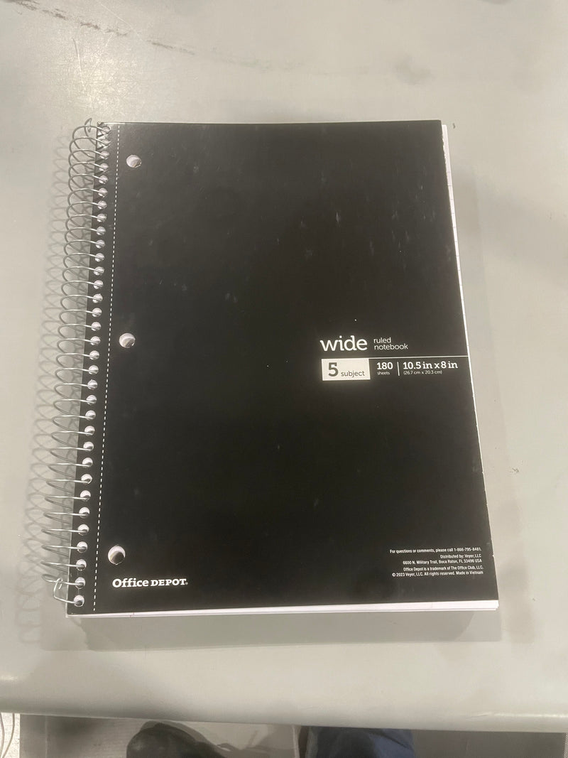 OFFICE DEPOT WIREBOUND NOTEBOOK 8" X 10-1/2", WIDE RULED, 180 SHEETS - BLACK - Like New
