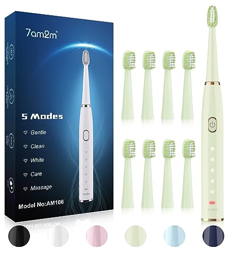 7AM2M Sonic Electric Toothbrush 8 Brush Heads 5 Modes 4H Fast Charge AM106 Green Like New