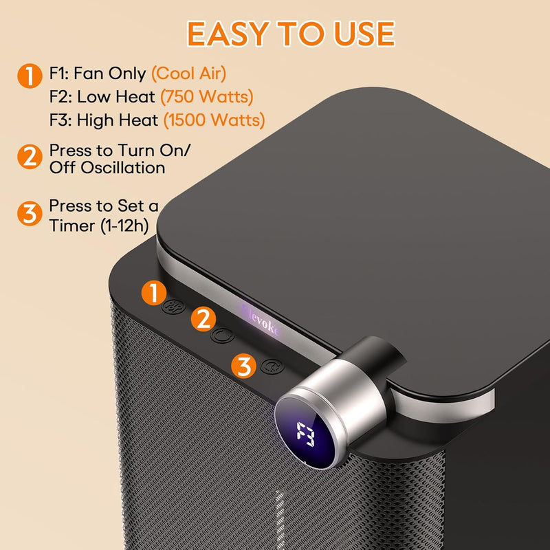 ELEVOKE SPACE HEATER, SPACE HEATERS INDOOR USE 1500W PTC ELECTRIC HEATERS BLACK - Like New