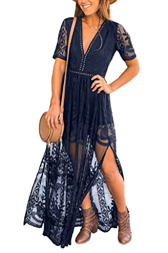 LRISES WOMENS V NECK FLORAL EMBROIDERED LACE WEDDING DRESS, SIZE L, NAVY BLUE - Like New