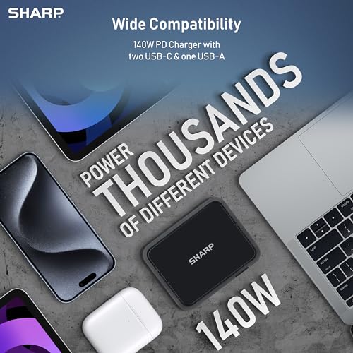 SHARP 140W USB C CHARGER, COMPACT FOLDABLE GAN FAST CHARGE QV16 - BLACK - Like New