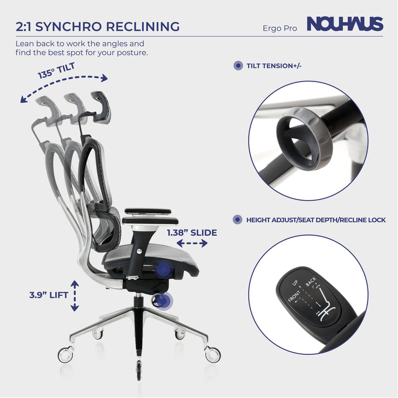NOUHAUS ERGOPRO ERGONOMIC OFFICE CHAIR - SILVER - Like New