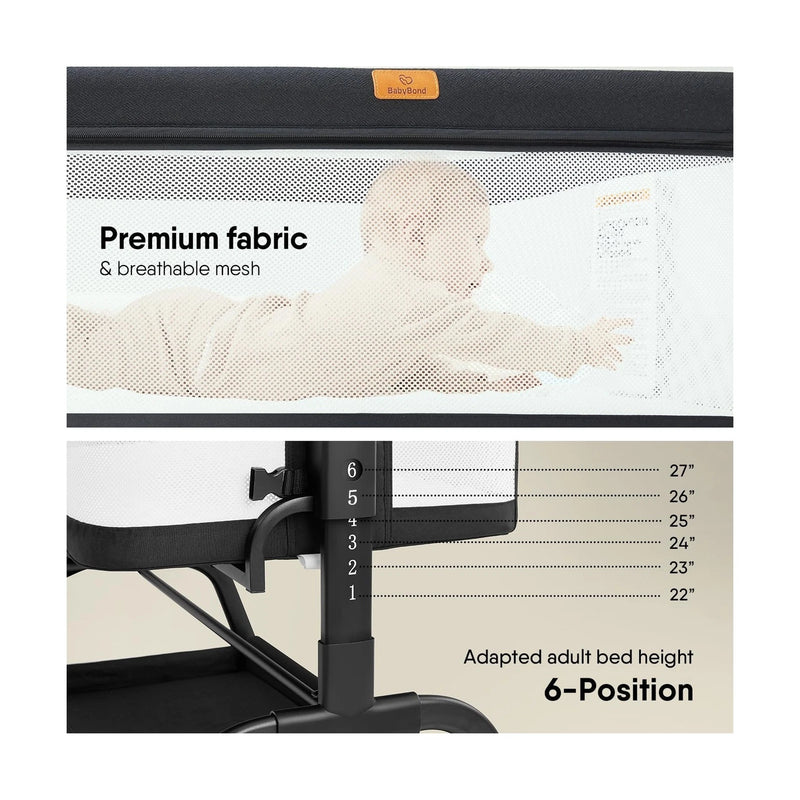 BABYBOND BABY BASSINET 3 IN 1 BASSINET BEDSIDE SLEEPER WASHABLE SOFT MA - BLACK - Like New