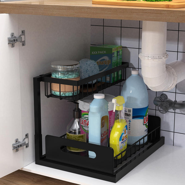 BUKOFEN UNDER SINK ORGANIZER PULL OUT CABINET ORGANIZER 2-TIER SLIDE OUT - BLACK - Like New
