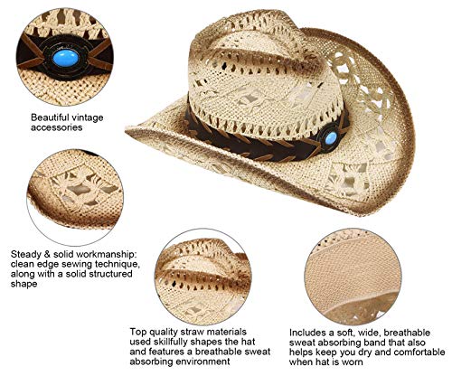 LIVINGSTON MEN & WOMEN'S WOVEN STRAW COWBOY HAT - BLUE BEAD BEIGE - Like New