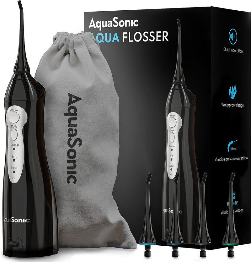 Aquasonic Aqua Professional Rechargeable Water Flosser with 4 Tips - BLACK - Brand New