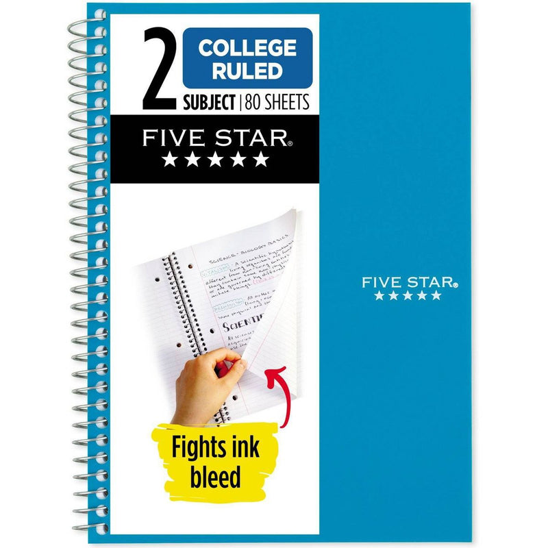 FIVE STAR 80PG 2 SUBJECT COLLEGE RULED NOTEBOOK 9.5"X6": SPIRAL, WIRE-BOUND - Brand New