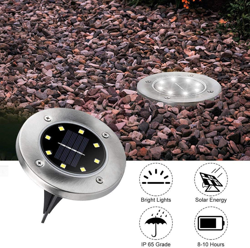 Solar Disk Lights 8 LED Outdoor Ground Landscape (8 Pack) Bright White - Silver Like New