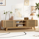 CHILIHOM MODERN TV STAND WITH SLATTED SLIDING DOORS AND OPEN SHELVES, WOOD GRAIN - Like New