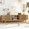 CHILIHOM MODERN TV STAND WITH SLATTED SLIDING DOORS AND OPEN SHELVES, WOOD GRAIN - Like New