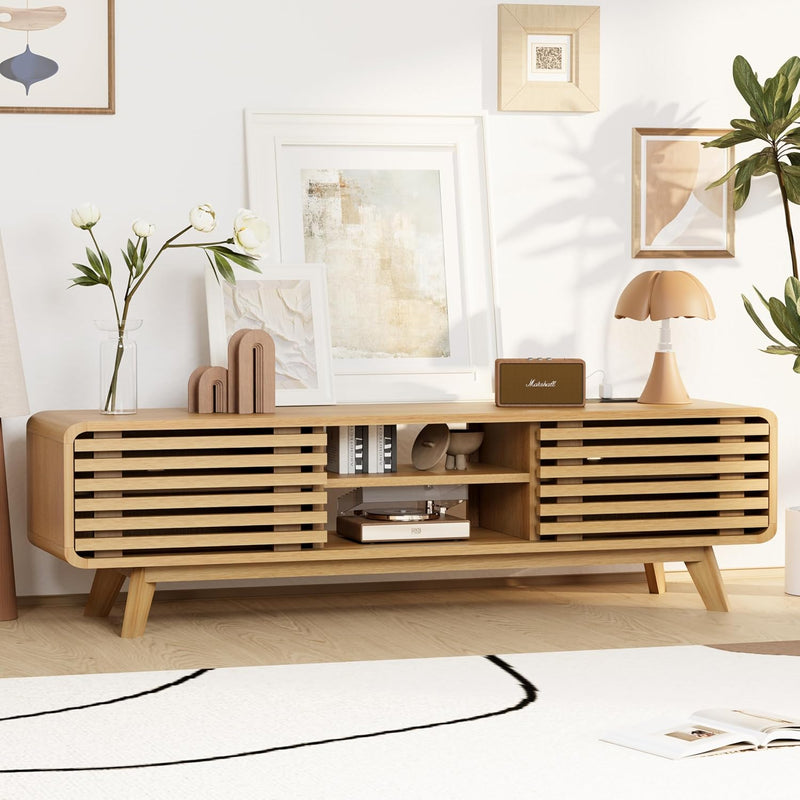 CHILIHOM MODERN TV STAND WITH SLATTED SLIDING DOORS AND OPEN SHELVES, WOOD GRAIN - Like New