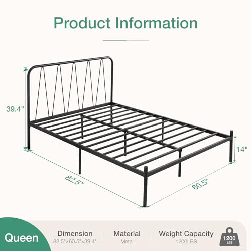 NOVILLA 14" Metal Platform Bed Frame w/ Modern Headboard Easy Assembly - Black - Like New
