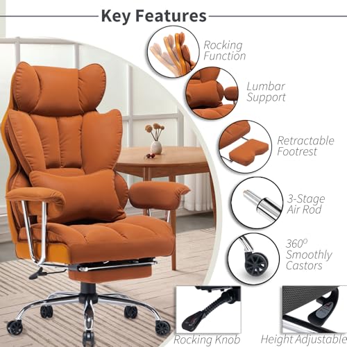 EFOMAO EXECUTIVE OFFICE CHAIR FOR HEAVY PEOPLE, HIGH BACK, FOOT REST - ORANGE - Like New