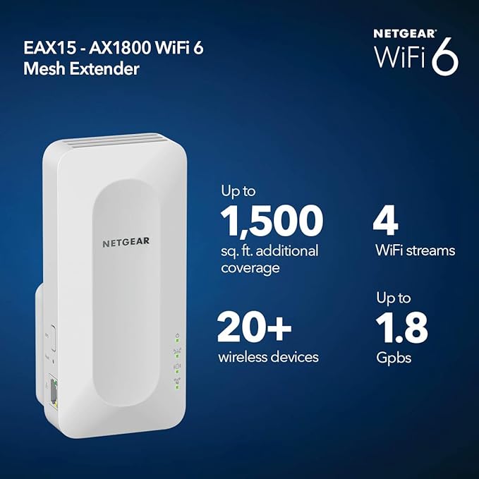 NETGEAR WiFi 6 Mesh Range Extender EAX15 Up To 1,500 sq. ft. - White Like New