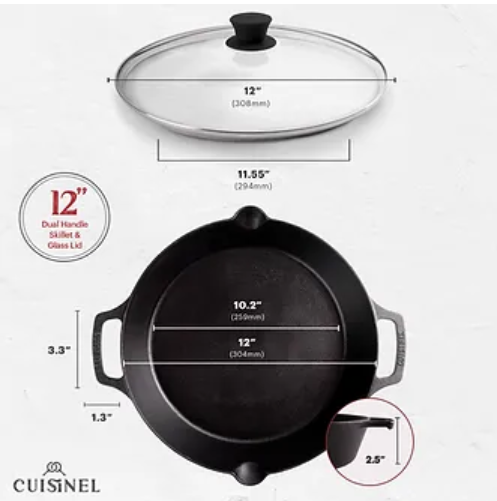 CUISINEL Pre-Seasoned Cast Iron Dual Handle Skillet Lid 12" CBR-12-G - Black - Like New