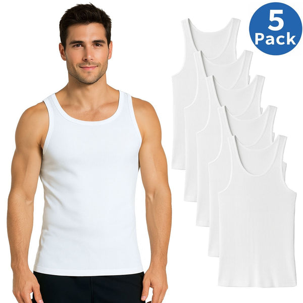 BLU ROCK MEN'S RIBBED CLASSIC TANK TOPS – 5 PACK - SIZE: LARGE - WHITE - Brand New