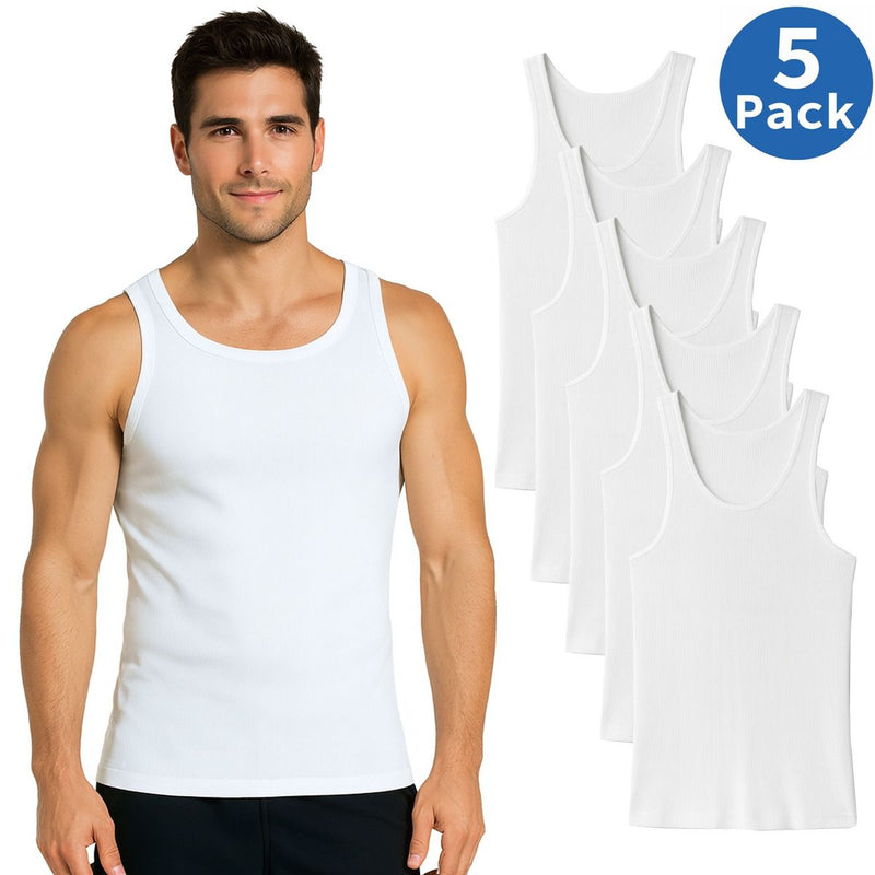 BLU ROCK MEN'S RIBBED CLASSIC TANK TOPS – 5 PACK - SIZE: LARGE - WHITE - Brand New