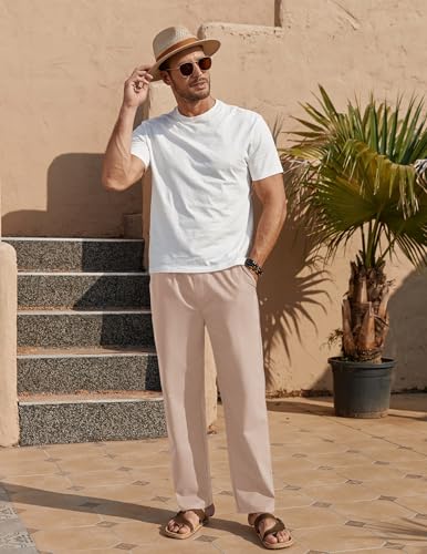 COOFANDY MEN'S CASUAL LINEN PANTS ELASTIC WAIST DRAWSTRING KHAKKI SIZE SMALL - Like New
