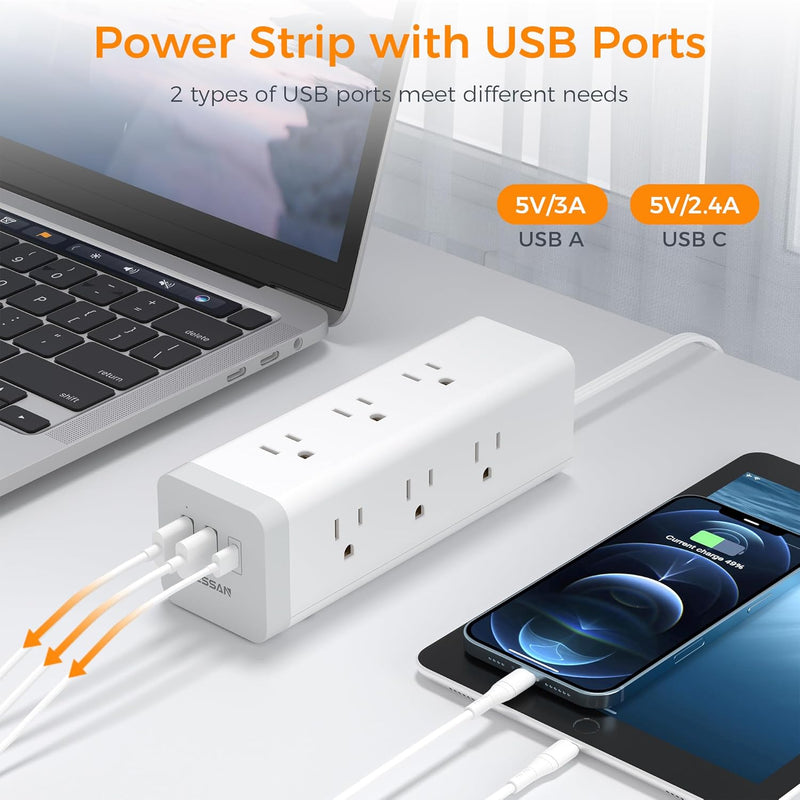 TESSAN SURGE PROTECTOR POWER STRIP USB TESSAN FLAT PLUG 15 FT EXTENSION - WHITE - Like New