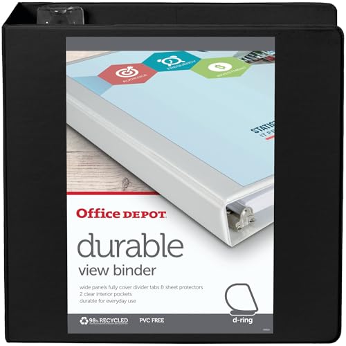 OFFICE DEPOT BRAND DURABLE VIEW D-RING BINDER 4" RINGS 39% RECYCLED - BLACK - Like New