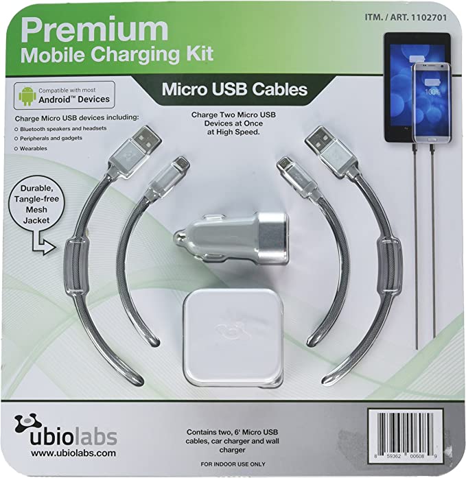 Ubiolabs Dual Wall and Car Charger Kit with 2 6ft Micro USB Woven Cables 1102701 - Brand New