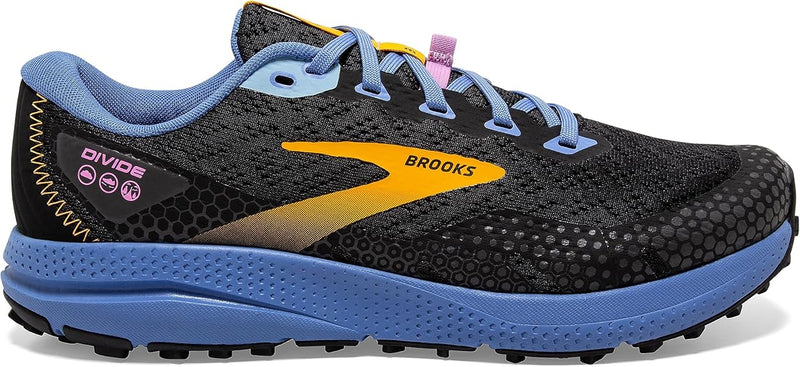 BROOKS WOMEN’S DIVIDE 3 TRAIL RUNNING SHOE SIZE 7.5 BLACK/BLUE/YELLOW - Like New