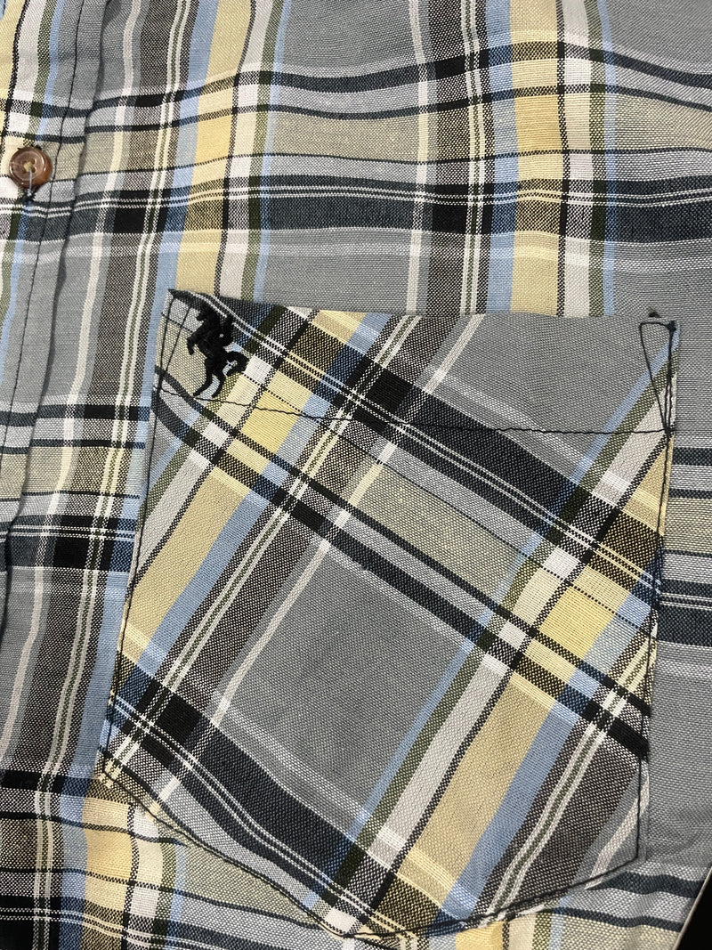 BLACK HORSE WOVEN PLAID SHIRT - MENS L - GRAY/BLACK/LIGHT BLUE/YELLOW/WHITE - Brand New
