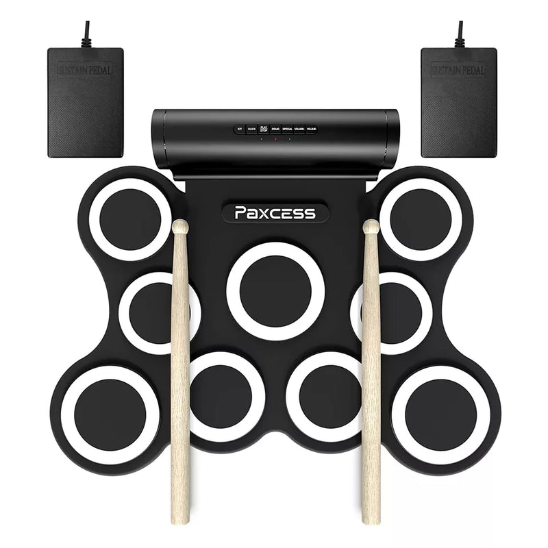 PAXCESS 9 PAD ELECTRONIC DRUM, FOOT PEDALS, SPEAKER, BATTERY, PA-DS0001 - Black Like New