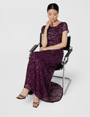 Adrianna Papell Women's Short-Sleeve All Over Sequin Gown, Cabernet, 18 - Brand New