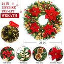 24 IN Christmas-Wreath, Christmas-Wreaths-for-Front-Door, Pre-Lit Wreath - Brand New