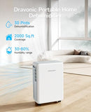 DRAVONIC 2000 SQ. FT DEHUMIDIFIER FOR BASEMENT, 30 PINT, 3 MODES, WHITE - Like New