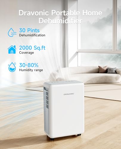 DRAVONIC 2000 SQ. FT DEHUMIDIFIER FOR BASEMENT, 30 PINT, 3 MODES, WHITE - Like New