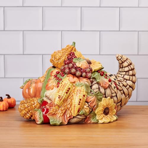 Fitz and Floyd Fall Harvest Cornucopia Cookie Jar Ceramic Figurine, 12 inch - Like New